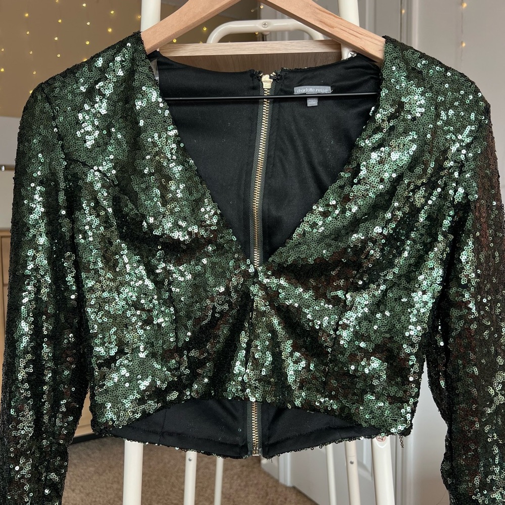 Charlotte Russe Sequin Long Sleeve Deep V Crop Top Forest Green Small
